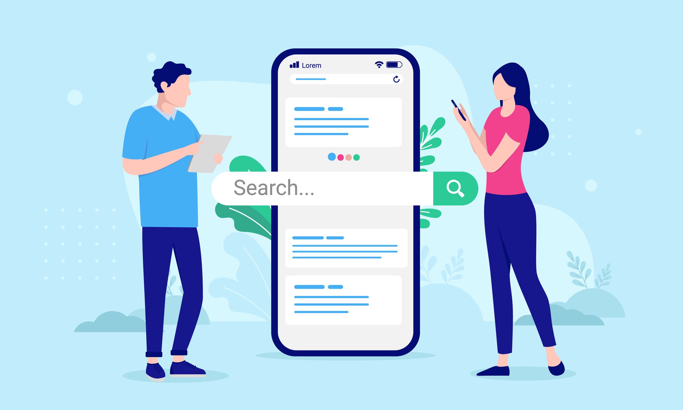 illustration de deux personnes debout autour d'un mobile sur une recherche google